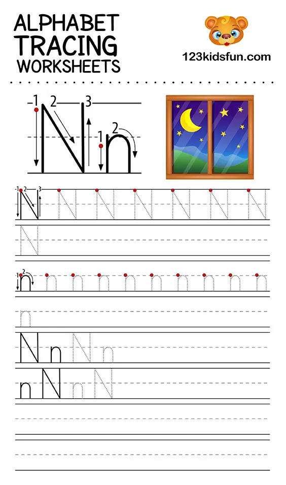Kids practice tracing the letter N on a Pre-K worksheet designed for fine motor skill development