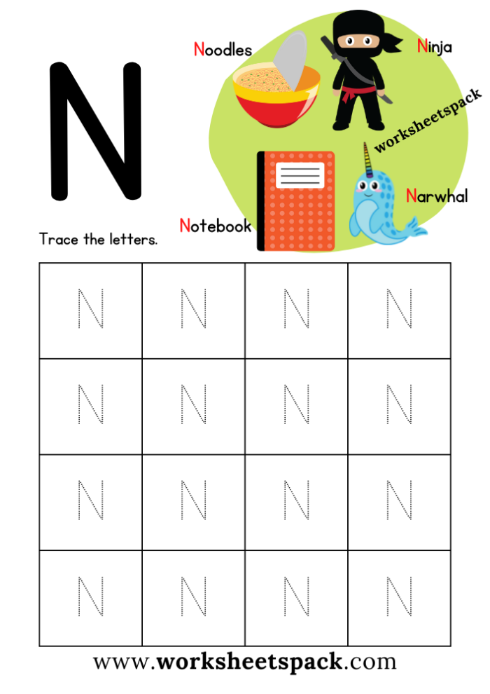Kids practicing tracing the letter N on a prekindergarten worksheet to develop fine motor skills