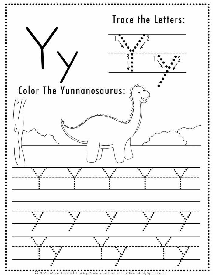 Worksheet for tracing the letter Y, designed for Spanish-speaking Pre-K children Kids practicing tracing the letter Y on a Pre-K worksheet to improve fine motor skills