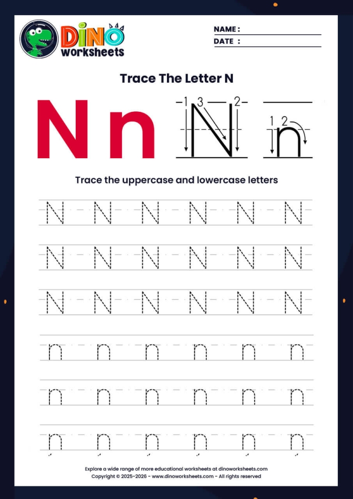 Practice Tracing the Letter N worksheet for Pre-K kids to enhance fine motor skills