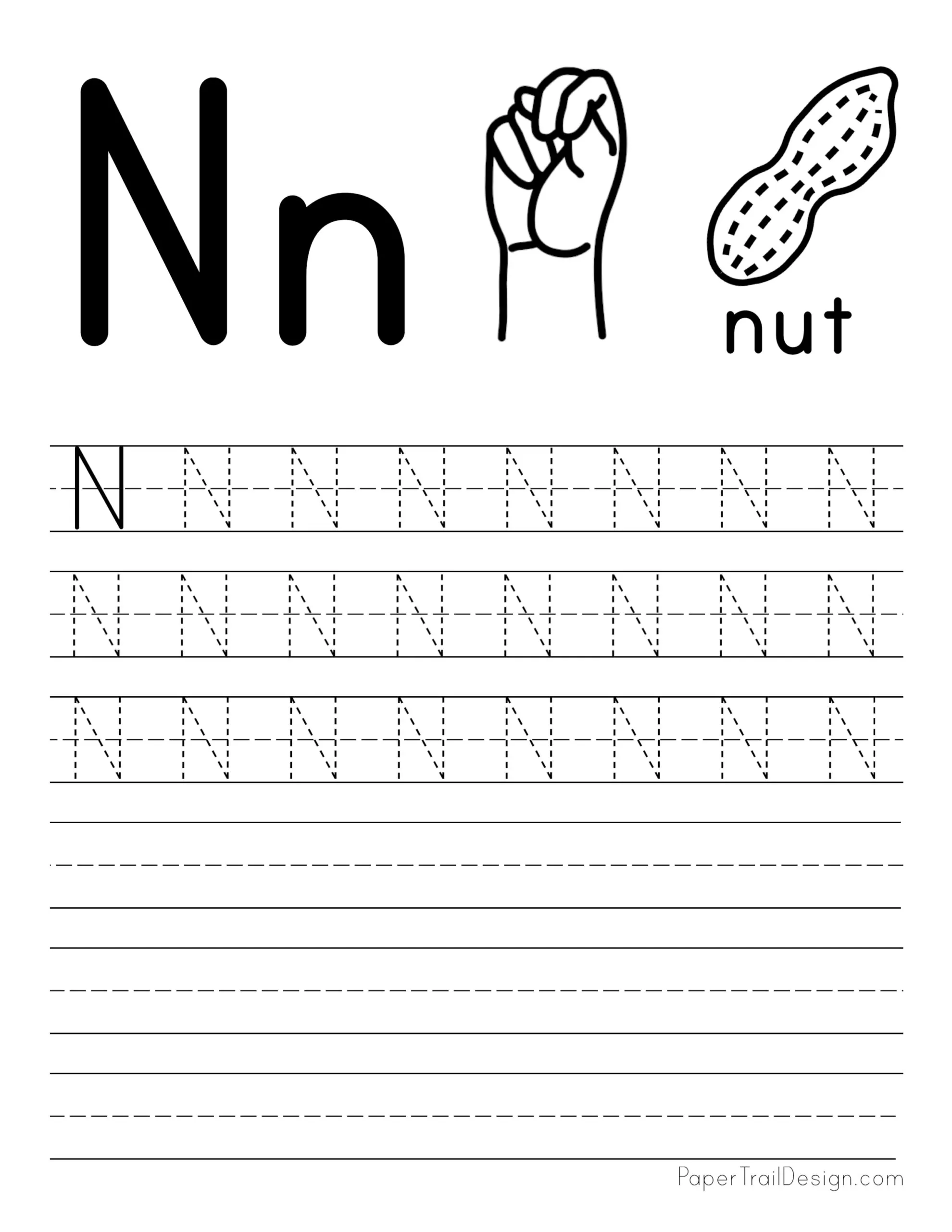 Worksheet for tracing the letter N designed for Pre-K children to enhance fine motor skills