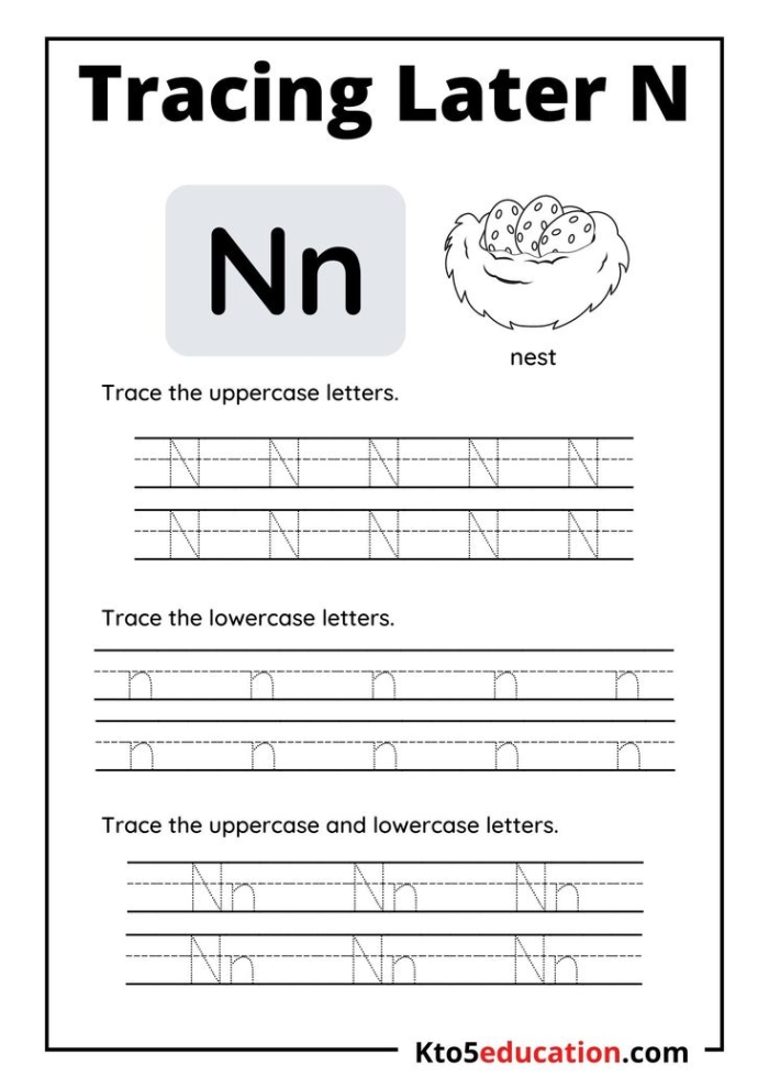 Pre-K worksheet for practicing tracing the letter N to enhance fine motor skills