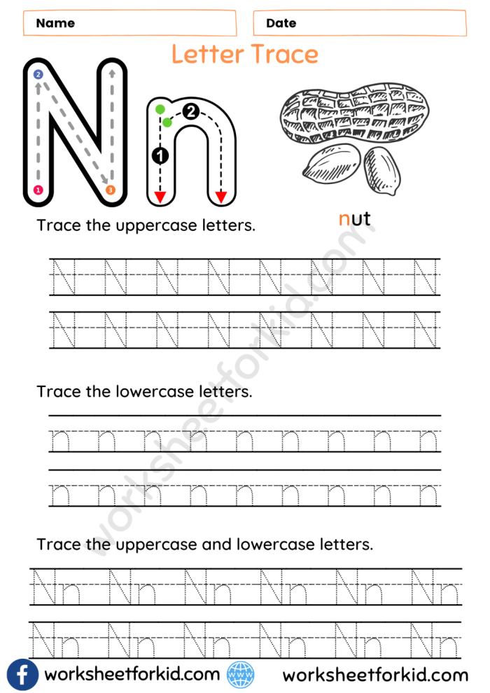 Worksheet for practicing tracing the letter N, designed for Pre-K children to enhance fine motor skills. Practice Tracing the Letter N worksheet for young learners in preschool.