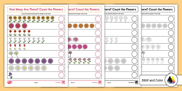 Flower-themed counting activity for preschoolers to learn subtraction Counting worksheet featuring colorful flowers for preschool subtraction practice