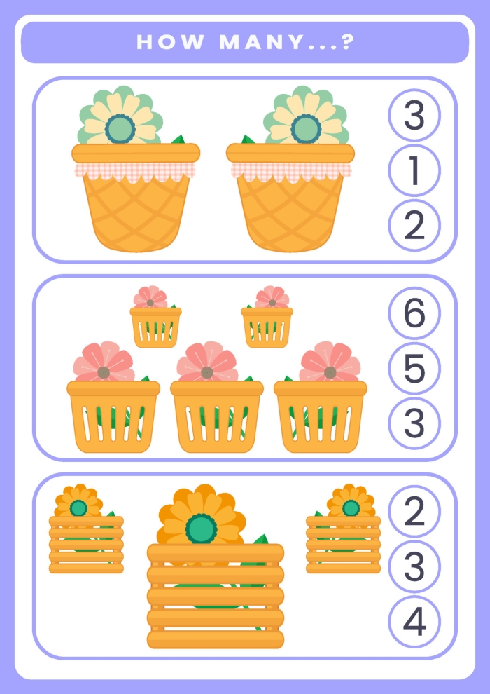 Subtraction worksheet for Pre-K Colorful flower-themed counting worksheet for preschoolers focusing on subtraction skills. Engaging activity sheet for teaching "How Many Are There?" in Pre-K.