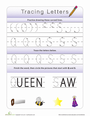 Handwriting preparation worksheet featuring letter tracing activities Tracing Letters Q and S worksheet for Pre-K handwriting practice