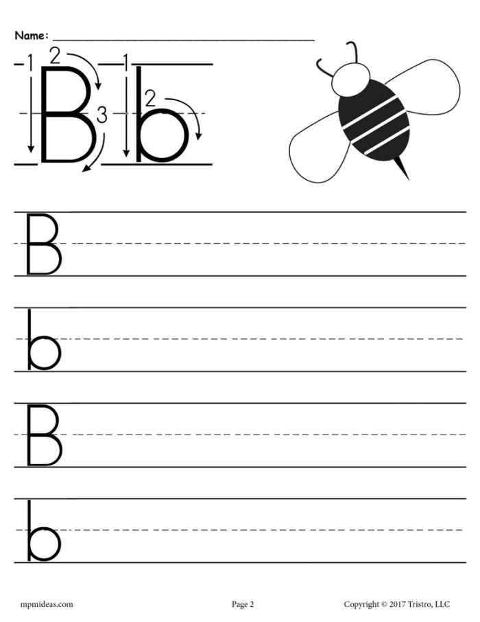 Pre-K writing practice with letter b tracing and recognition worksheet Worksheet for tracing and writing the lowercase letter b for preschoolers