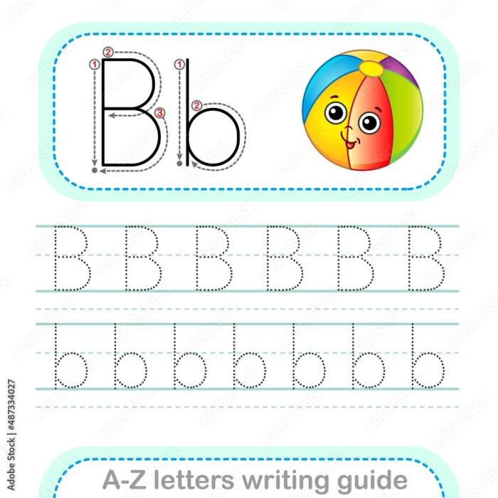 Practice writing the letter b with this fun tracing worksheet for Pre-K children Worksheet page for tracing and writing the lowercase letter b for preschool learners