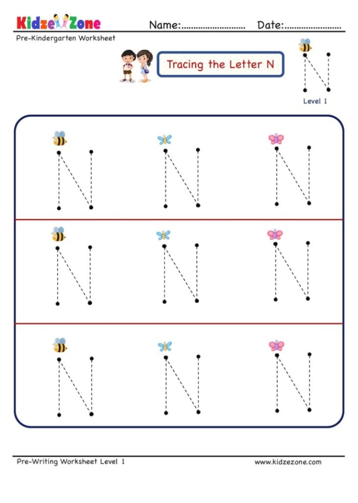 Worksheet for practicing tracing the letter N in a prekindergarten writing activity