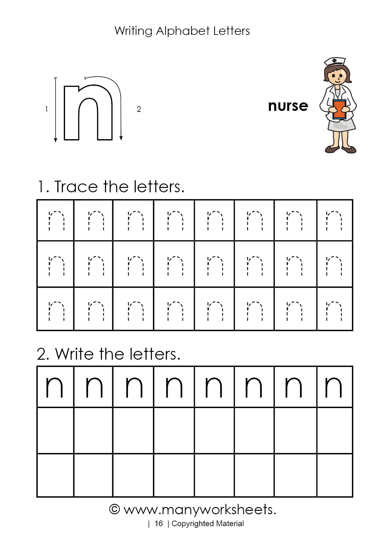 Worksheet for practicing tracing the letter N for Pre-K students