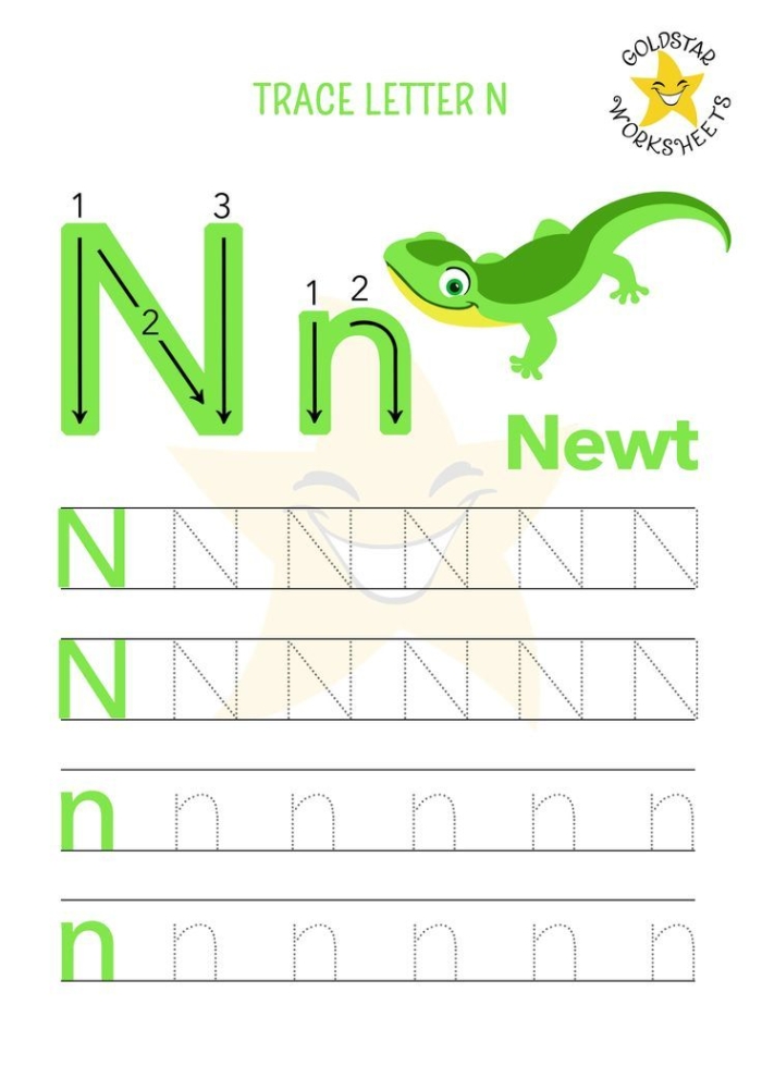 Worksheet for practicing tracing the letter N, designed for pre-K students to enhance fine motor skills. Practice Tracing the Letter N worksheet for young learners in reading.