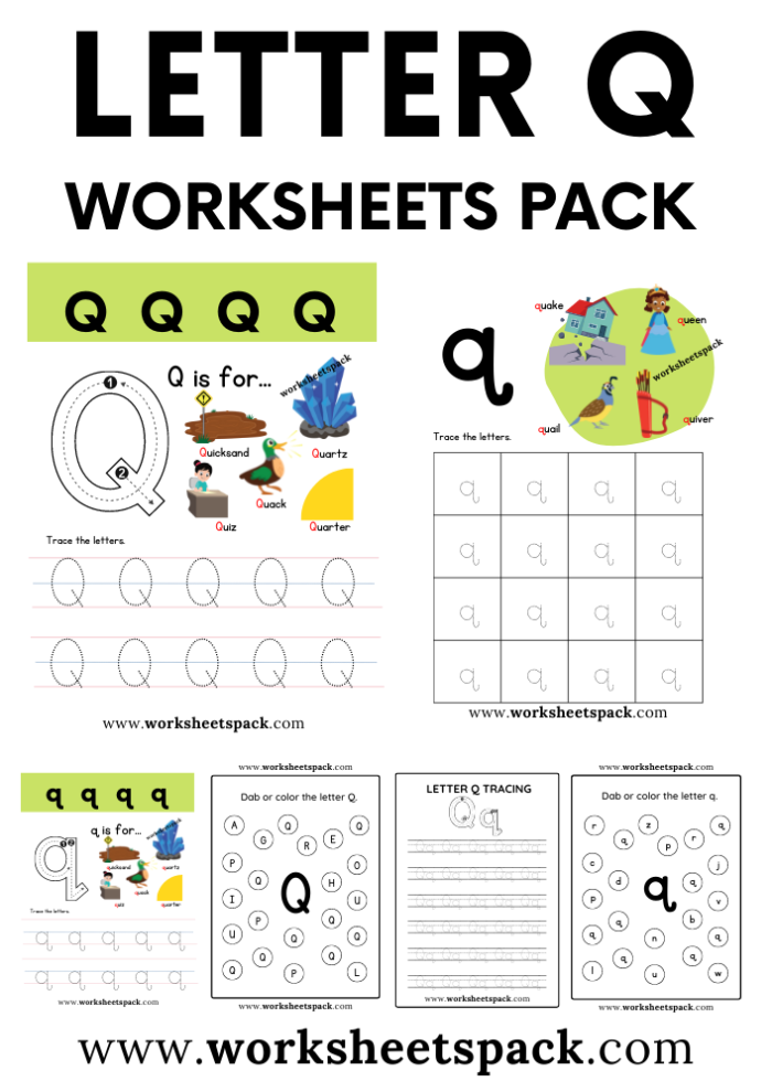 Worksheet featuring activities for the letter Q, including handwriting and coloring tasks for Pre-K students