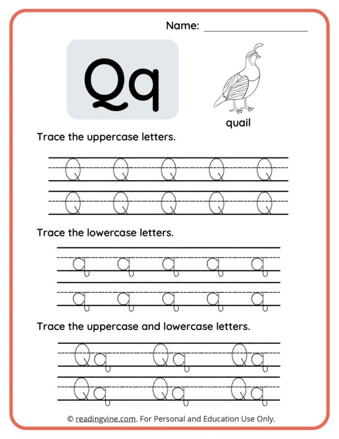 Worksheet featuring engaging activities for the letter Q, including handwriting, letter finding, and coloring. Get Ready for Reading: All About the Letter Q worksheet for Pre-K English Language Arts.