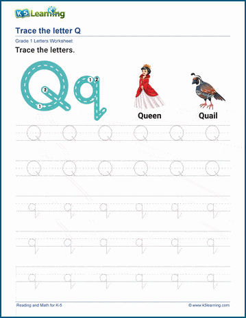 Worksheet featuring the letter Q with activities for handwriting, letter recognition, and coloring for Pre-K students