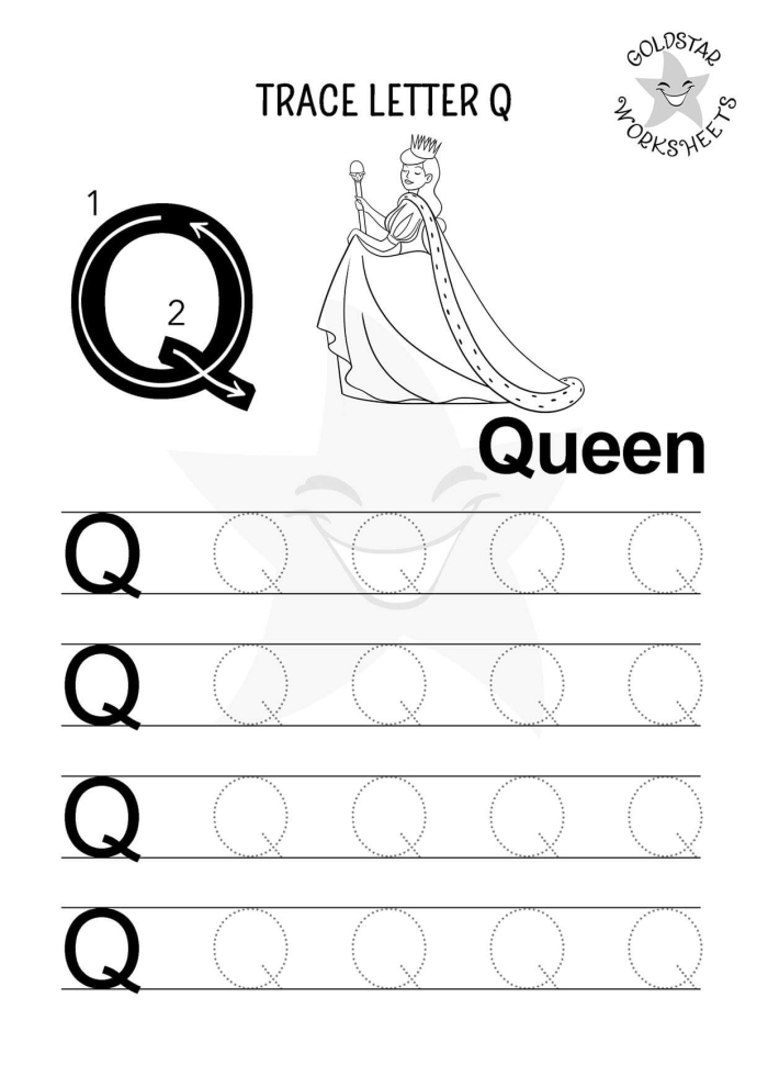 Worksheet for learning about the letter Q with fun activities like handwriting and coloring