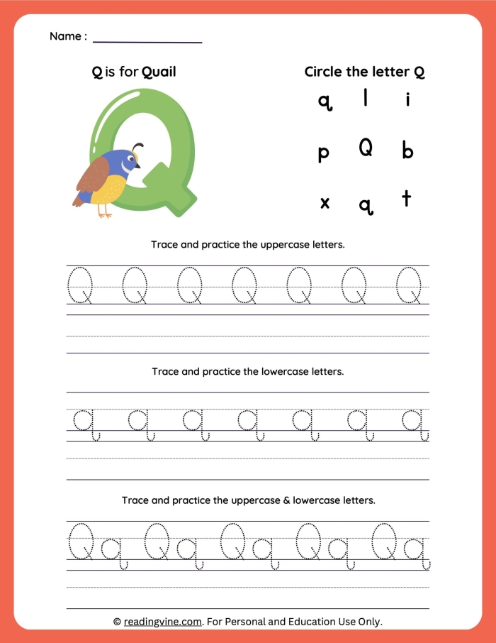 Worksheet featuring activities for the letter Q, including handwriting, letter finding, and coloring tasks. Get Ready for Reading: All About the Letter Q for Pre-K learners.