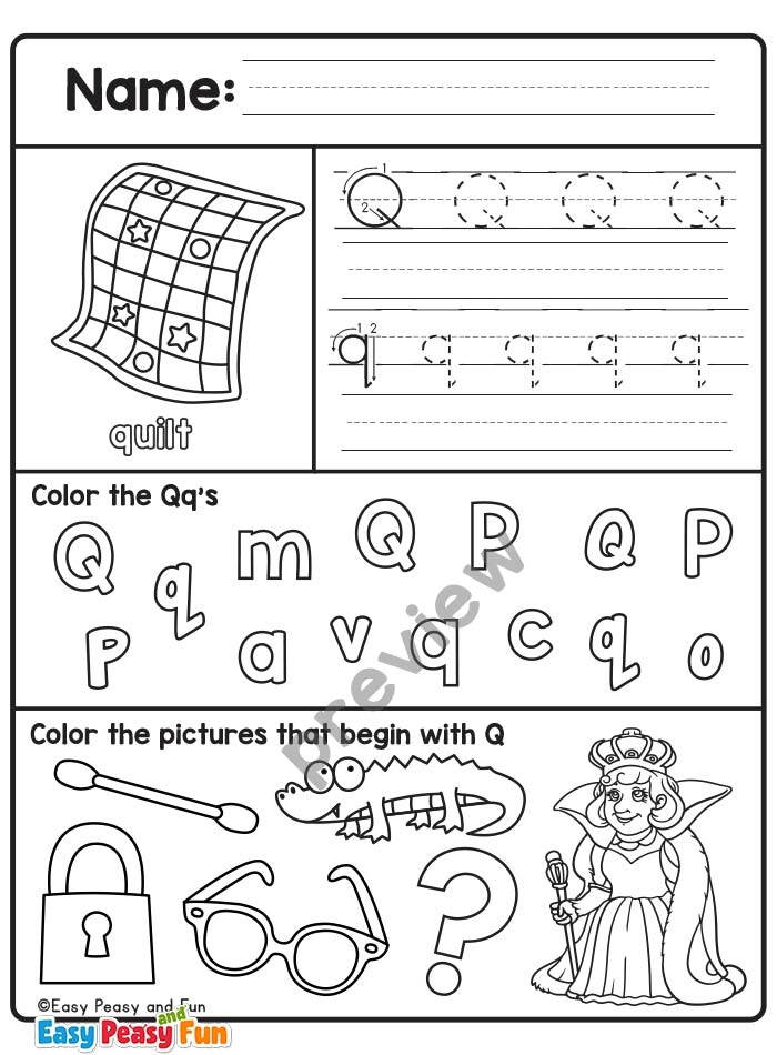 Worksheet for learning the letter Q with activities like handwriting and coloring