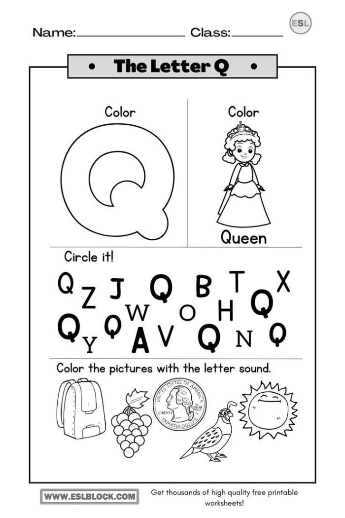 Worksheet featuring engaging activities for the letter Q, including handwriting and coloring exercises. Get Ready for Reading: All About the Letter Q worksheet for Pre-K students.