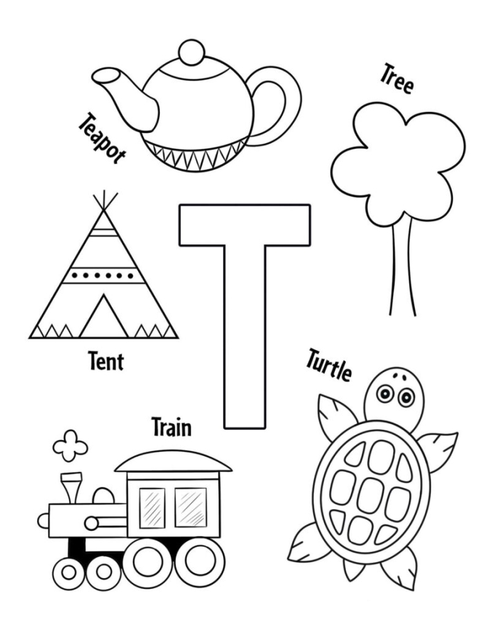 Lowercase t letter recognition activity for young children with a friendly turtle guide Worksheet showing lowercase t letters for Pre-K learners to identify with a turtle theme