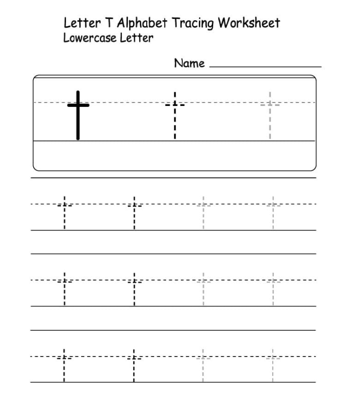 Lowercase t letter hunt worksheet featuring a turtle for early writing skills practice Pre-K worksheet with a turtle searching for lowercase letter t's to improve letter recognition