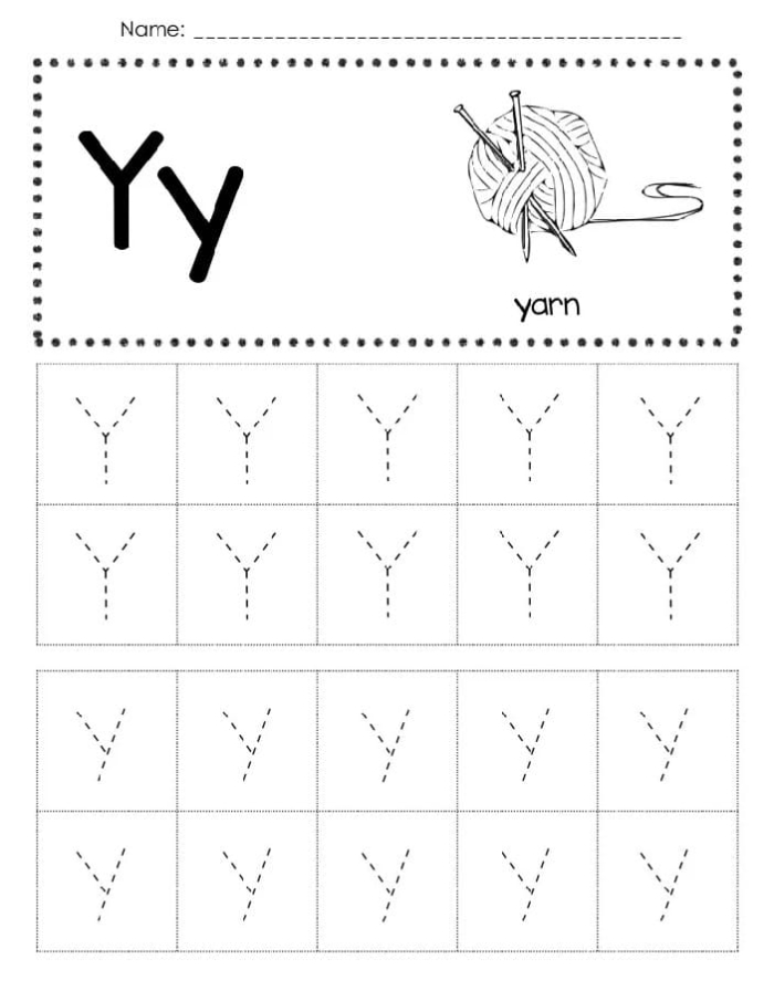 Worksheet for tracing the letter Y to enhance fine motor skills in preschoolers Children practicing tracing the letter Y on a prekindergarten worksheet