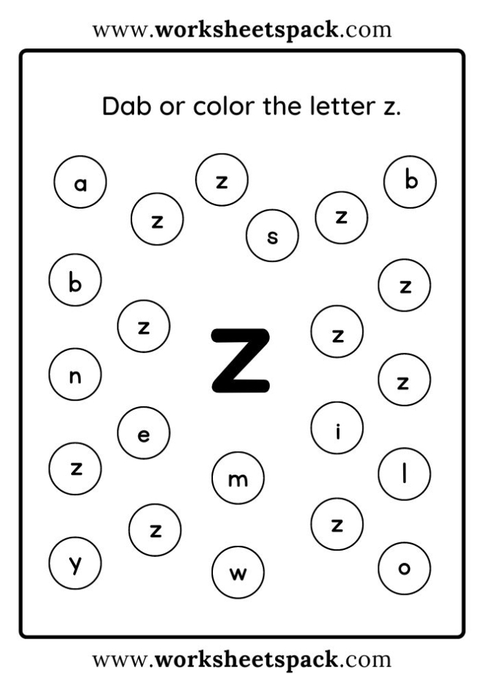 Worksheet for preschoolers to practice recognizing and writing the letter Z