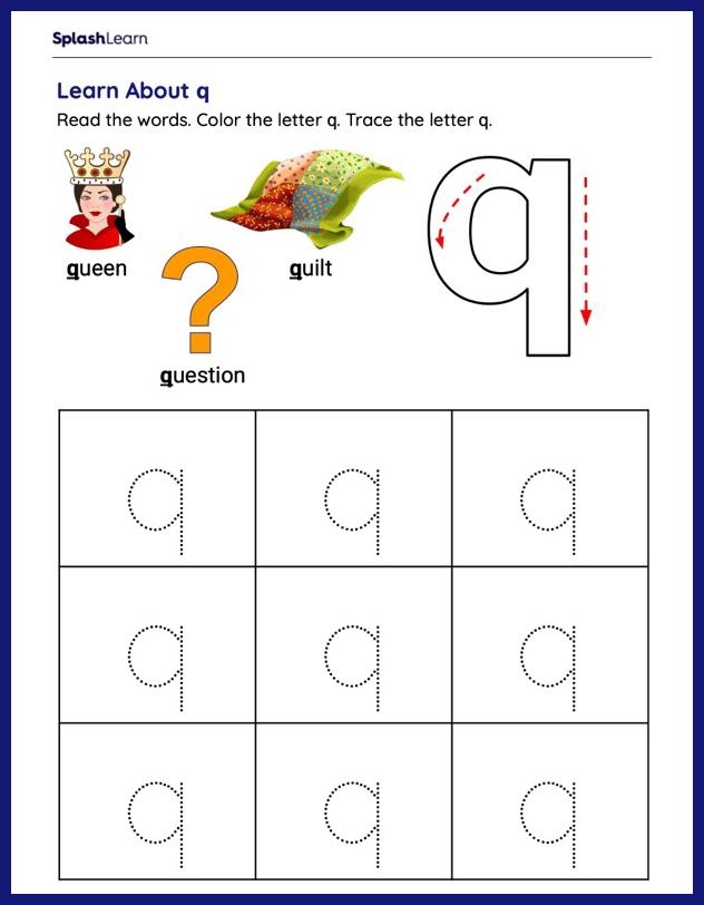 Practice page for writing the letters g and q with guided hand motions Worksheet for tracing lowercase letters g and q for Pre-K learners
