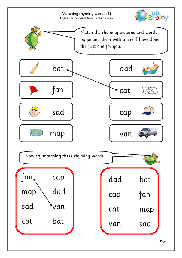 Rhyming Words Activity for Early Readers Matching rhyming pictures for a Pre-K worksheet