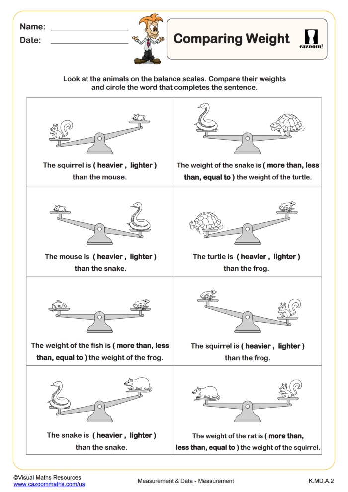 Measurement Comparison Assessment Worksheet for Pre-K Students Worksheet for assessing measurement comparison skills in Pre-K subtraction