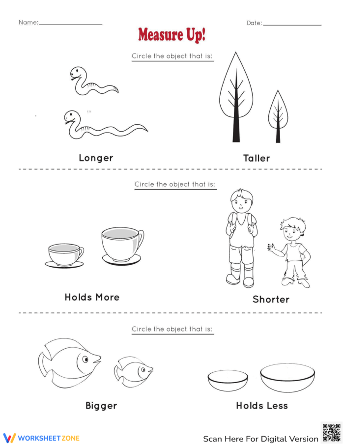 Visual representation of a worksheet that helps assess students' understanding of measurement comparisons. Image featuring a Measurement Comparison Assessment worksheet designed for Pre-K subtraction practice.