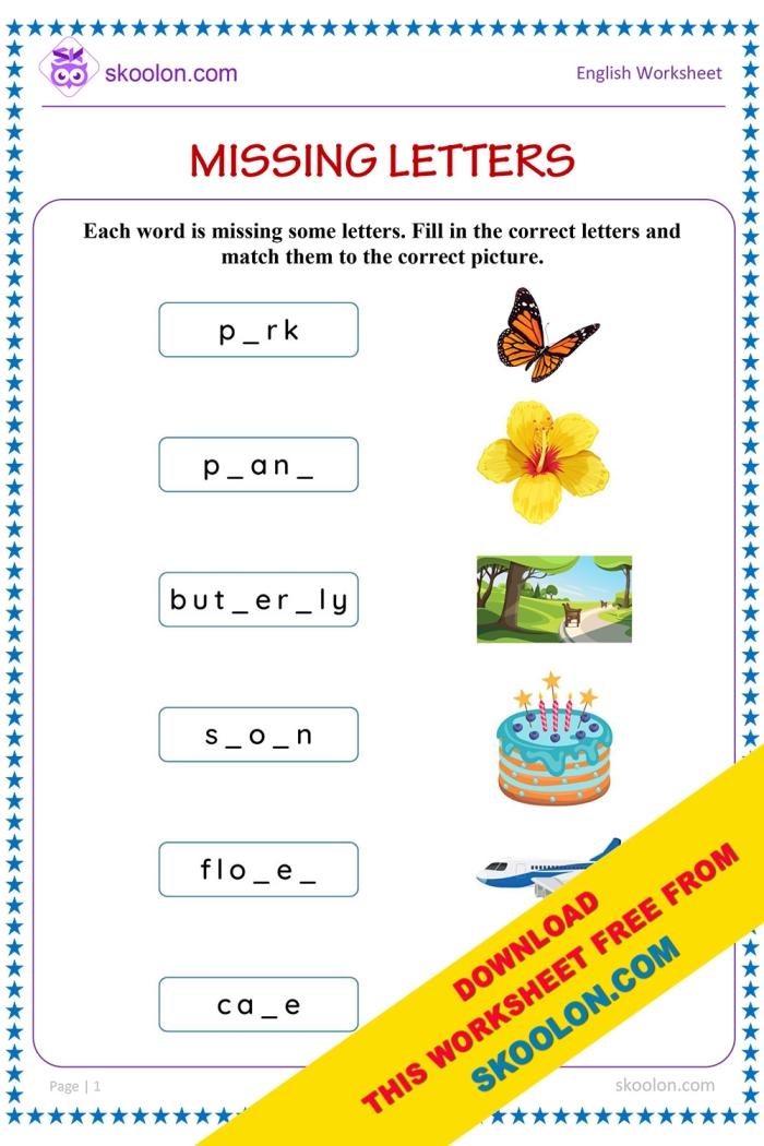 Interactive learning activity encouraging kids to enhance their writing and phonetic skills Worksheet for Pre-K students focusing on filling in missing letters to build words related to time and money