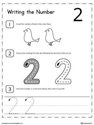 Engaging early math worksheet for counting and writing the number two, image 17 Children practicing writing the number 2 with pictures of animals on a worksheet for Pre-K life science