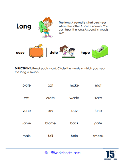 Preschool worksheet featuring a fun long vowel word search activity