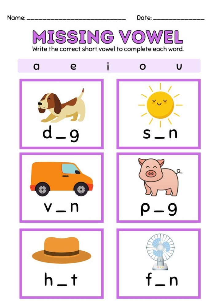 Time and Money worksheet for Pre-K Colorful worksheet for Pre-K students focusing on writing missing letters to form words. Engaging activity that enhances phonics and writing skills for young learners.