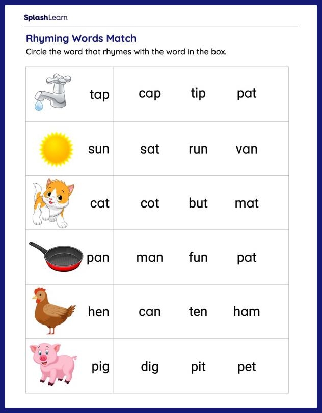 Fun rhyming words practice activity for young learners Matching rhyming pictures for a Pre-K worksheet