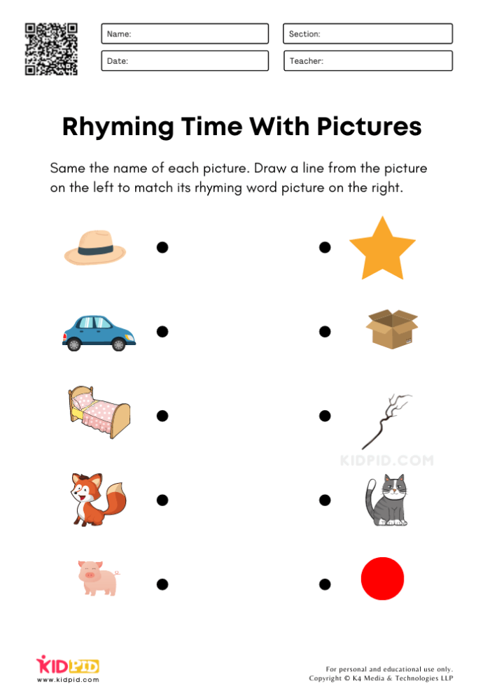 Matching Rhyming Words activity for early readers Worksheet featuring rhyming pictures for Pre-K students to match