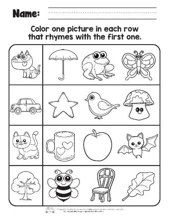 Matching Rhyming Words worksheet for early reading skills Worksheet featuring rhyming picture pairs for Pre-K learners