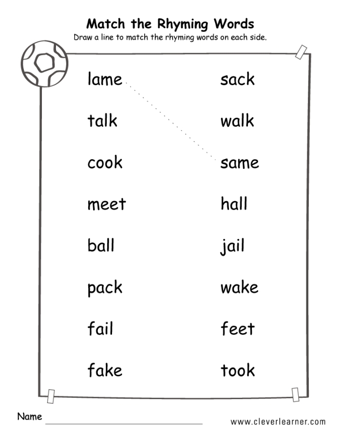 Matching Rhyming Words Worksheet for Early Readers Colorful worksheet for matching rhyming pictures designed for Pre-K students