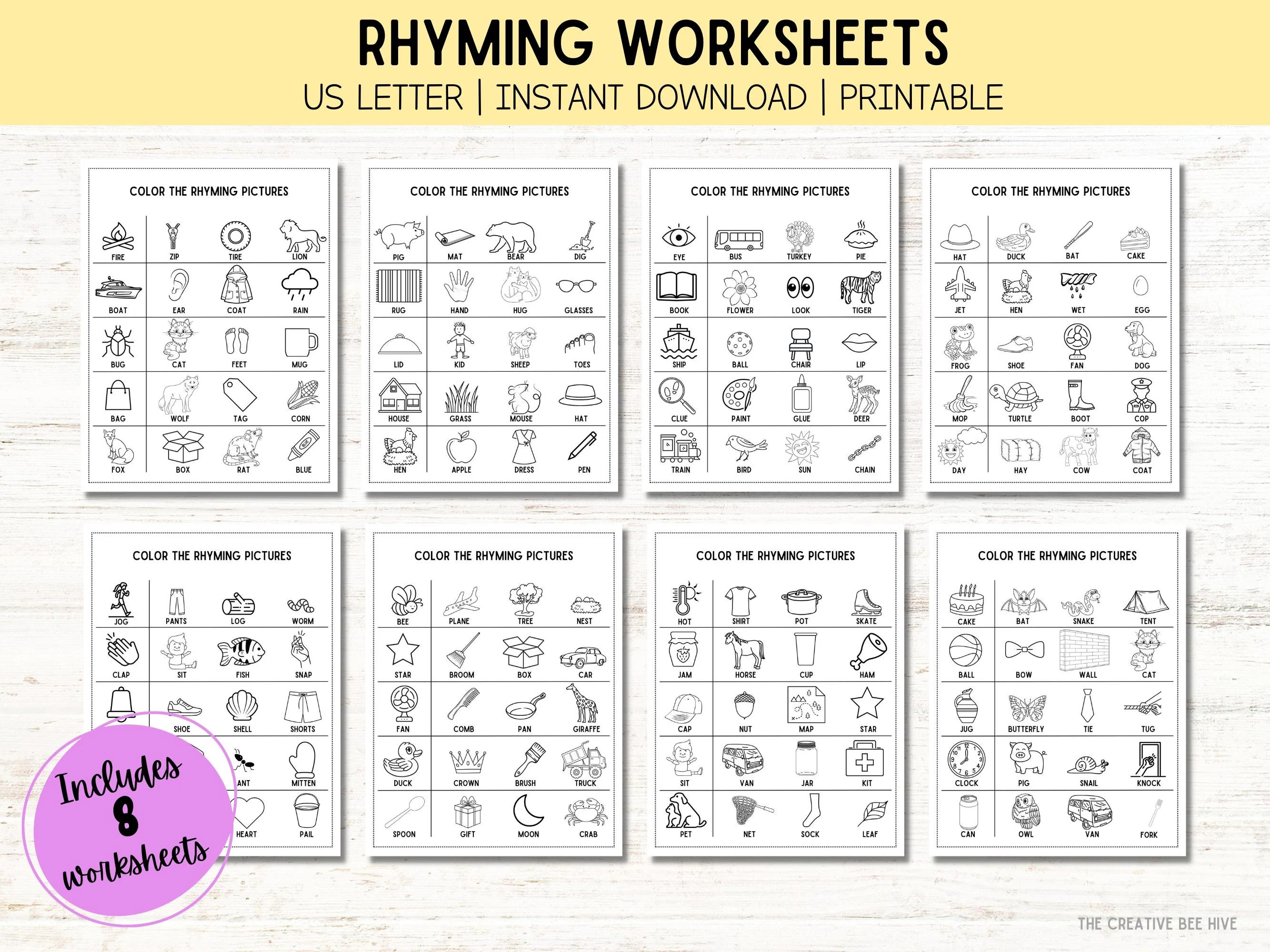 Engaging worksheet image for practicing rhyming skills in early childhood education Matching Rhyming Words worksheet for Pre-K students featuring fun illustrations