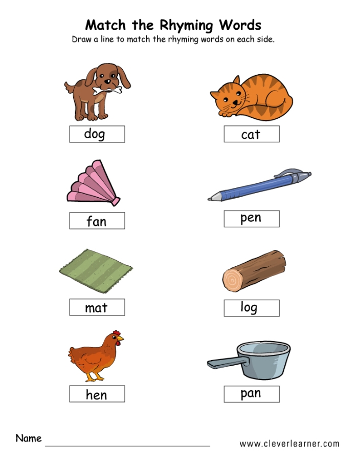 Matching Rhyming Words activity for early literacy skills Worksheet featuring rhyming pictures for Pre-K students to match