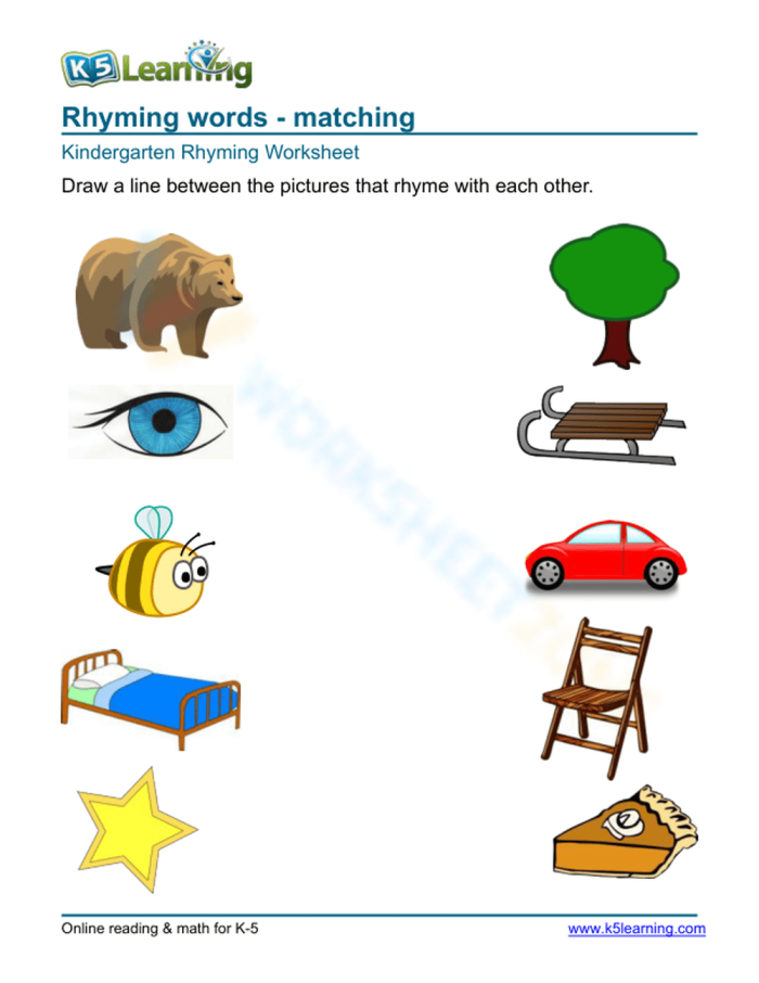 Engaging activity for young learners to practice rhyming with visuals Matching rhyming words worksheet for Pre-K students featuring fun illustrations