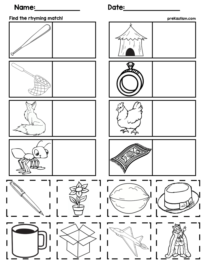 Matching Rhyming Words worksheet for Pre-K learners Rhyming pictures for children to match on a worksheet