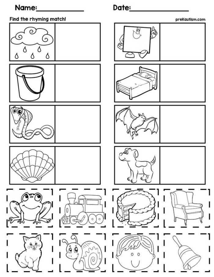 Worksheet image for engaging rhyming activities in early literacy Matching Rhyming Words worksheet with illustrations for Pre-K students