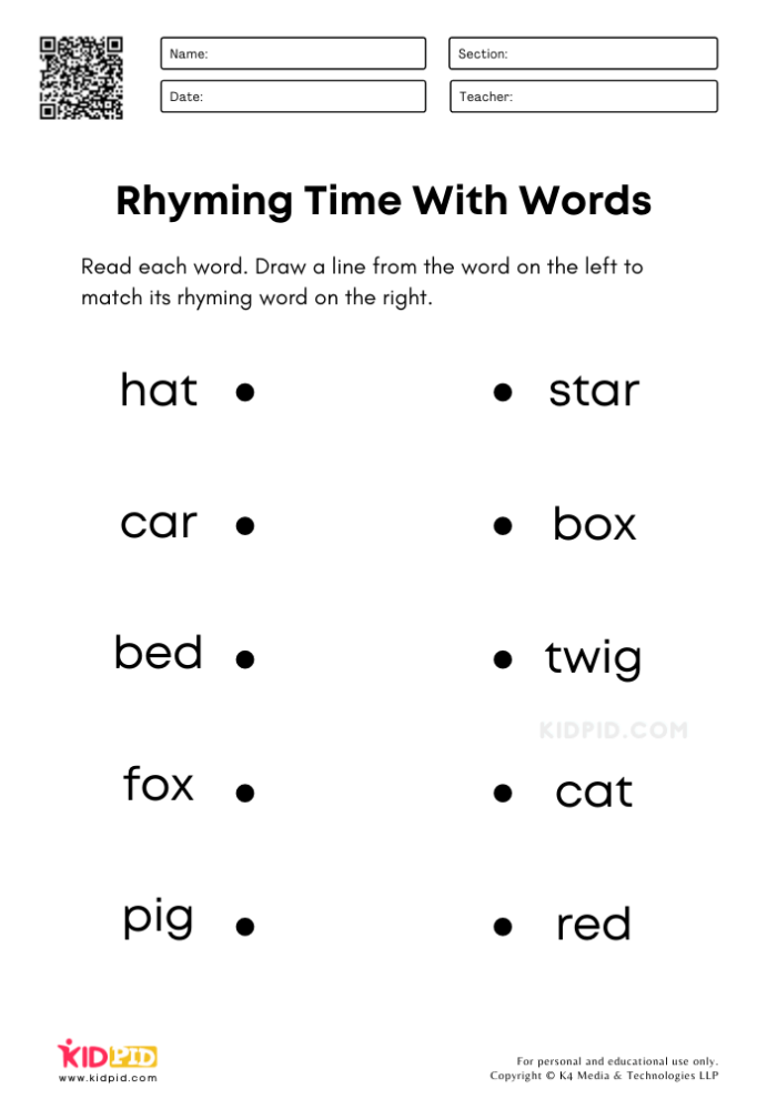 Matching Rhyming Words Activity for Pre-K Learners Worksheet featuring images of rhyming words for early readers