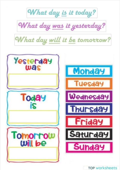 Preschool worksheet illustrating the concepts of yesterday, today, and tomorrow with simple drawings