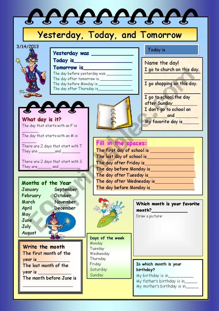 Preschool worksheet for identifying yesterday, today, and tomorrow with drawings