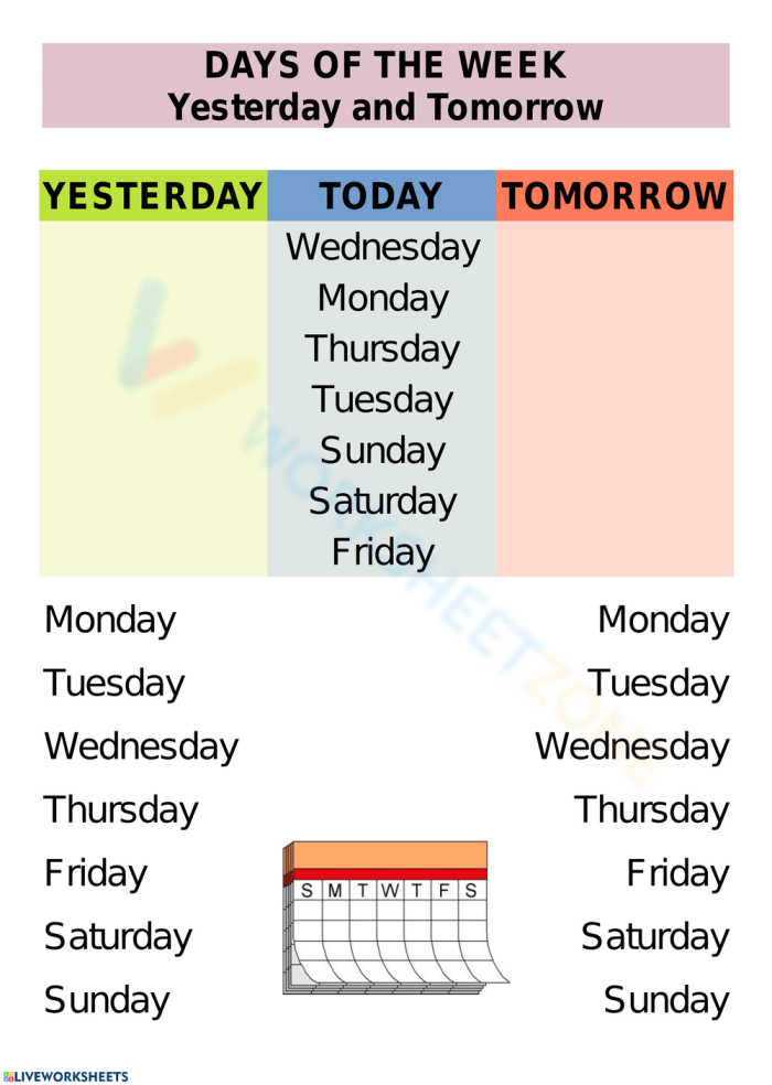 Preschool worksheet illustrating the concepts of yesterday, today, and tomorrow with drawings