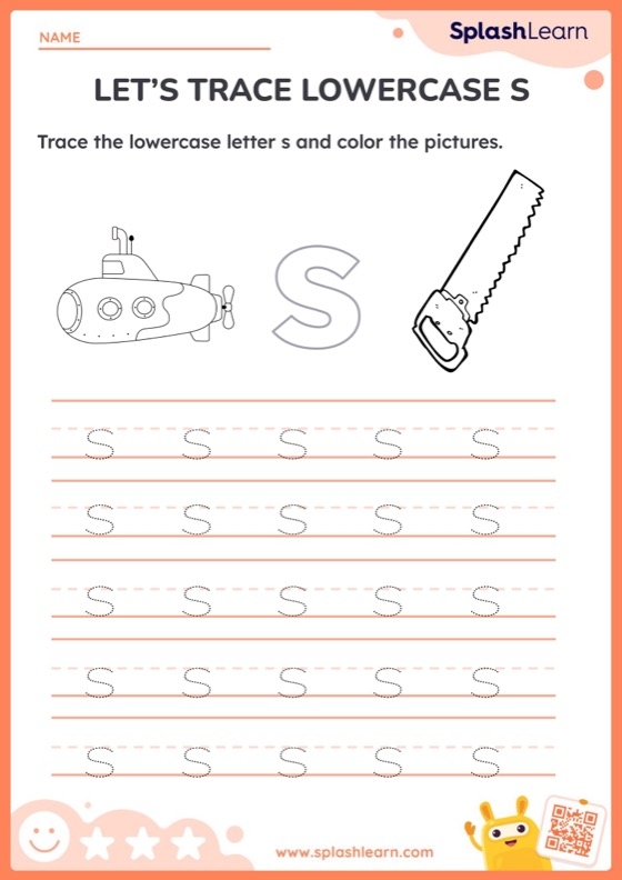 Lowercase s letter recognition practice with a snail in addition category for young learners Pre-K addition worksheet featuring a snail finding lowercase s letters in a fun activity