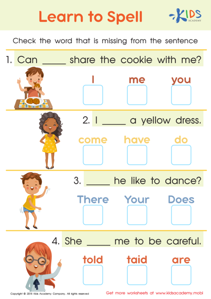 Can You Spell That? worksheet for young learners in measurement category Worksheet featuring spelling assessment for Pre-K students