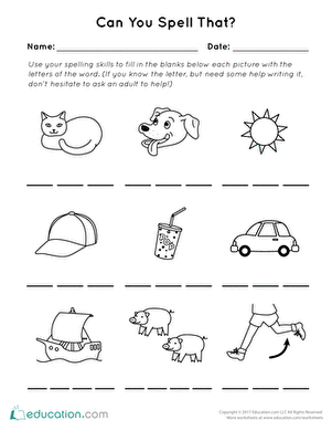 Can You Spell That? worksheet for measuring spelling skills in early learners Worksheet for Pre-K students to evaluate their spelling abilities through fun activities